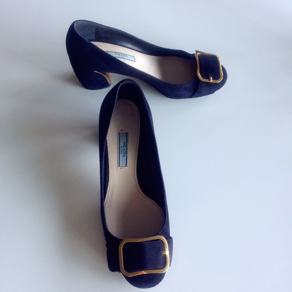 Prada Blue Suede Brass Buckle Block Heel Pumps